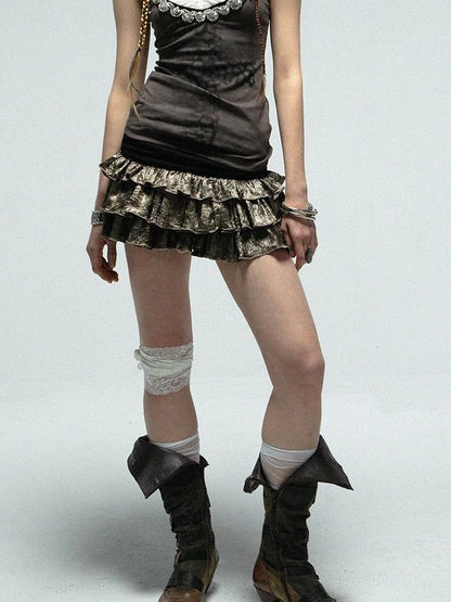Vintage Metallic Satin Layered Ruffle Mini Cake Dress