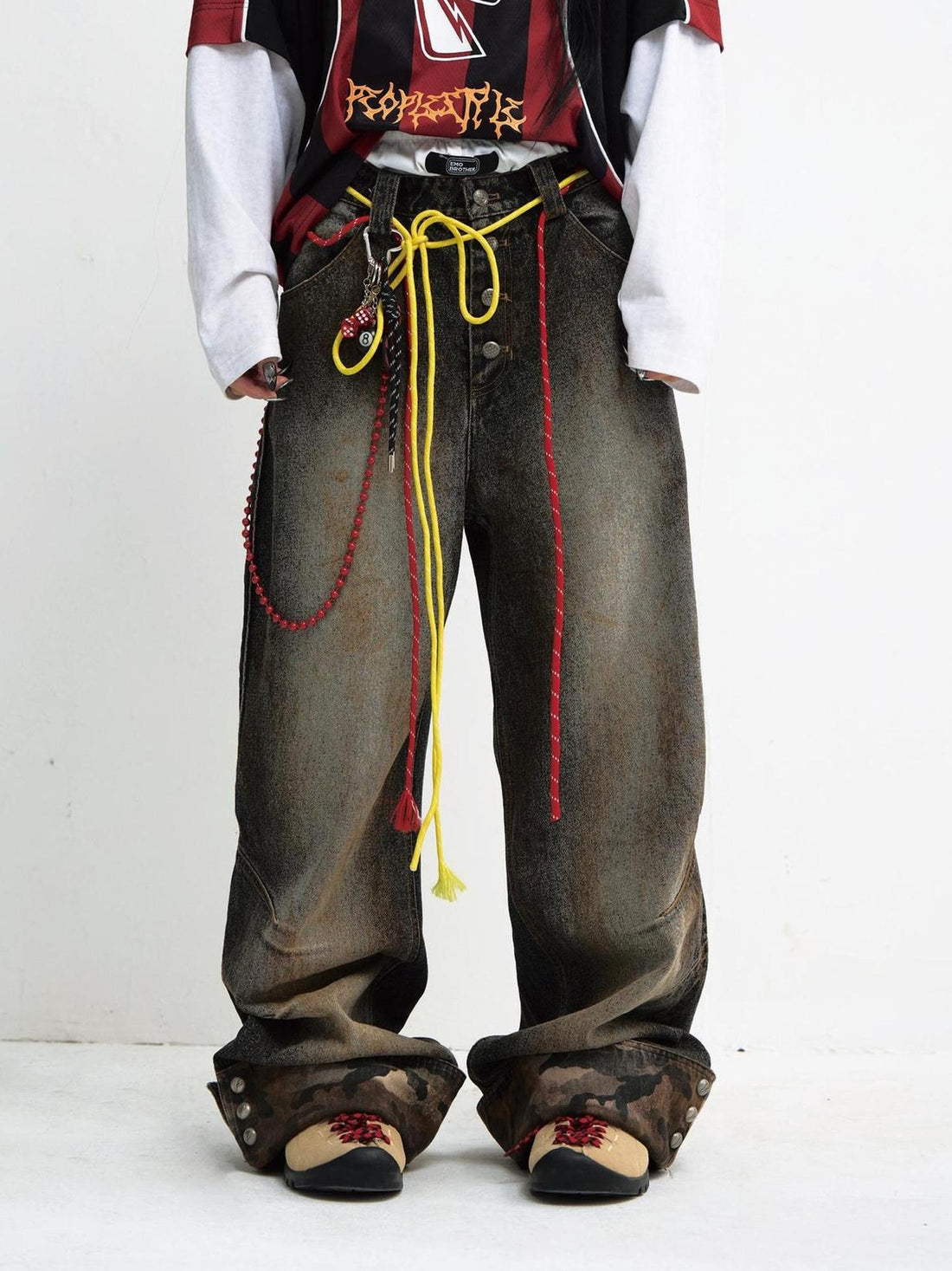Peoplesense Vintage Mud Dyed Camo Denim Pants With Relaxed Fit And Embroidery