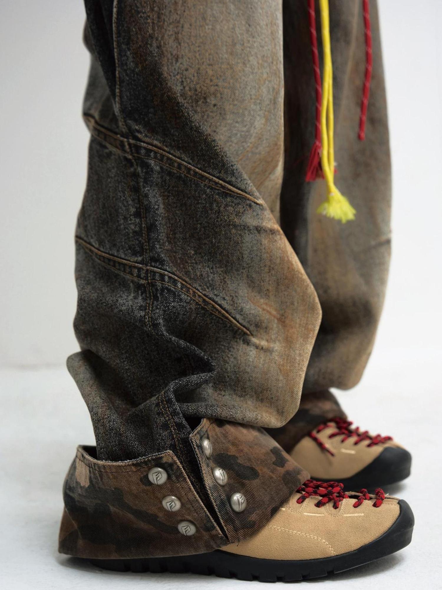 Peoplesense Vintage Mud Dyed Camo Denim Pants With Relaxed Fit And Embroidery