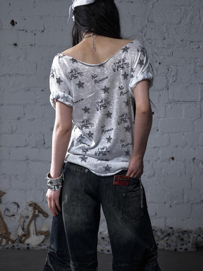 NO ROMANCE Vintage Navy Distressed Print Oversized Crewneck T-Shirt