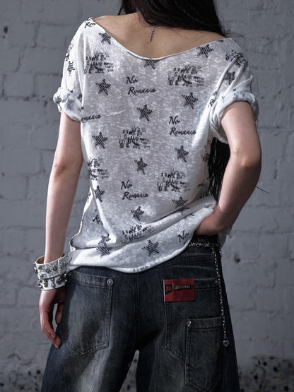 NO ROMANCE Vintage Navy Distressed Print Oversized Crewneck T-Shirt