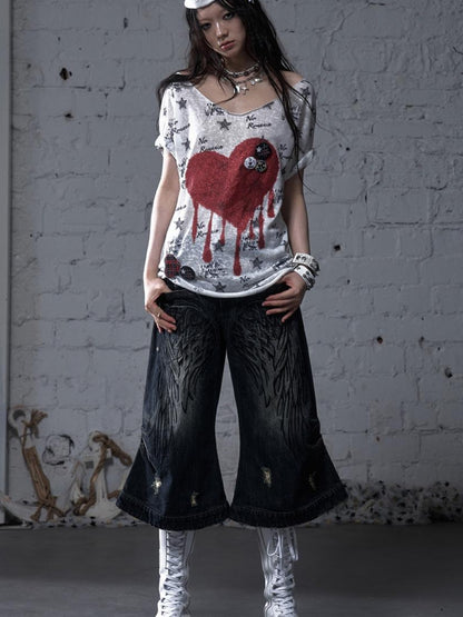 NO ROMANCE Vintage Navy Distressed Print Oversized Crewneck T-Shirt