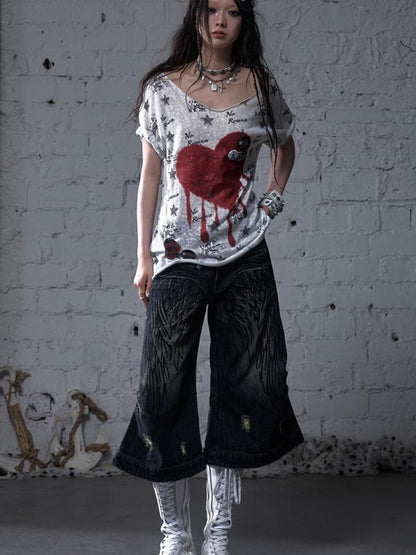NO ROMANCE Vintage Navy Distressed Print Oversized Crewneck T-Shirt