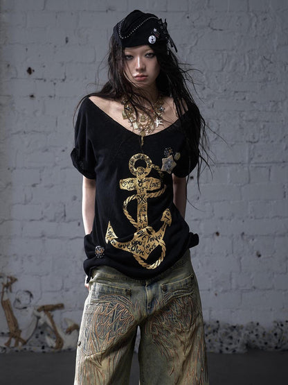 NO ROMANCE Vintage Navy Distressed Print Oversized Crewneck T-Shirt