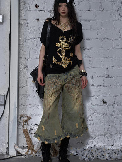 NO ROMANCE Vintage Navy Distressed Print Oversized Crewneck T-Shirt