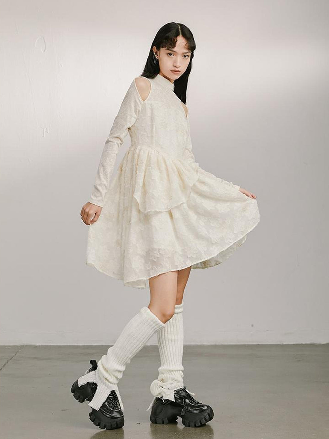 Vintage Off Shoulder Knit Dress With Lace Detail