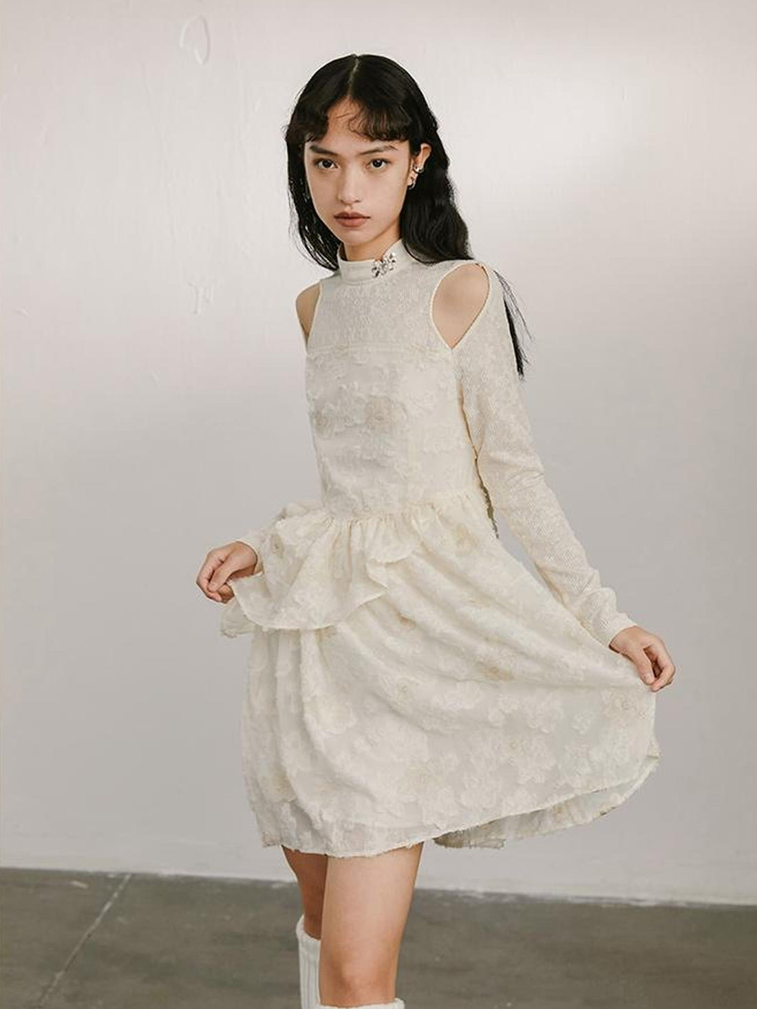 DIDDI MODA Vintage Off Shoulder Knit Dress With Lace Detail