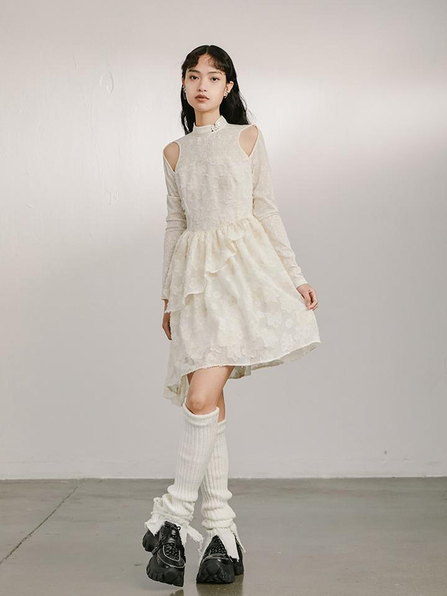 DIDDI MODA Vintage Off Shoulder Knit Dress With Lace Detail