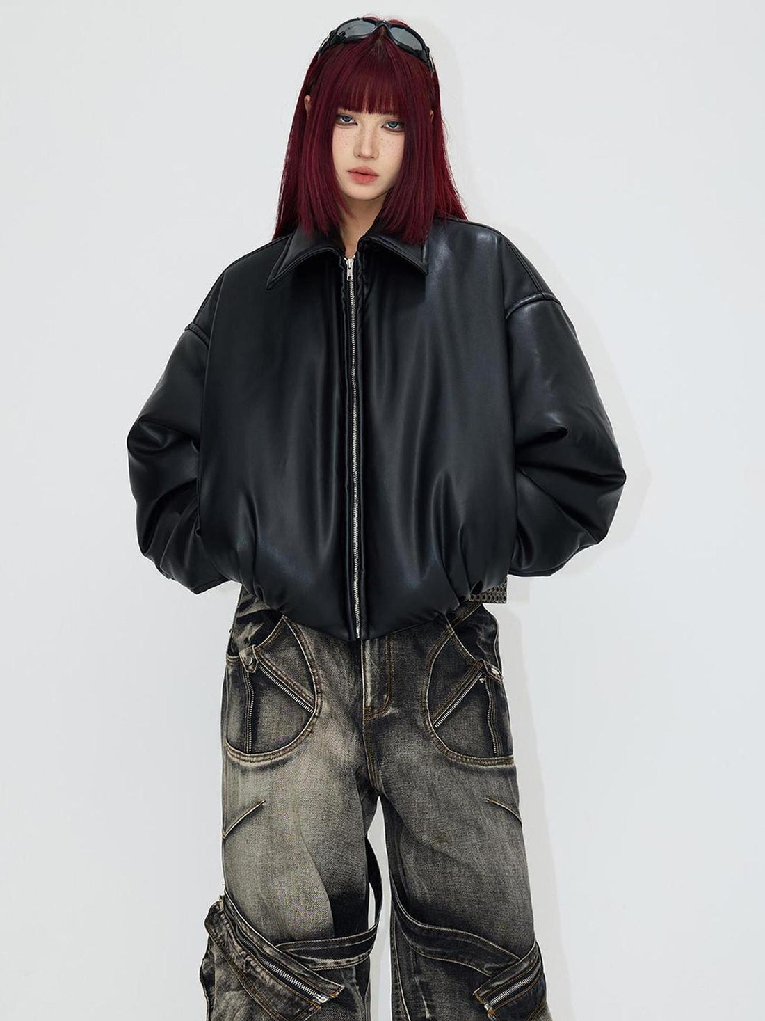 Peoplesense Vintage PU Cotton Puffer Jacket Short Oversized Coat