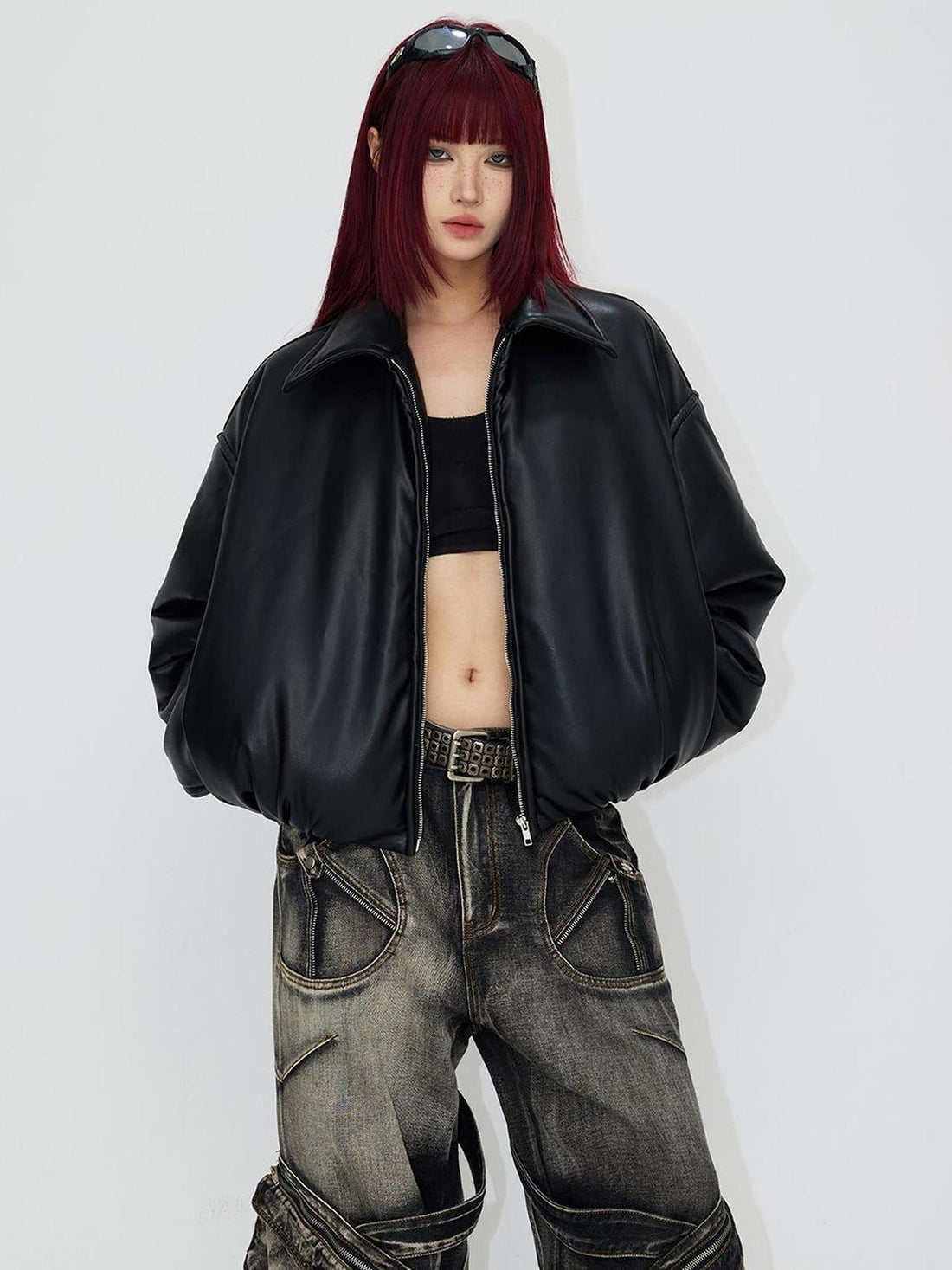 Peoplesense Vintage PU Cotton Puffer Jacket Short Oversized Coat