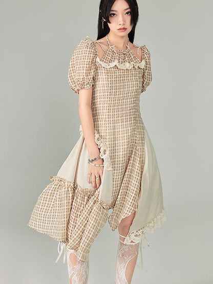 DIDDI MODA Vintage Plaid Halter Dress With Asymmetric Hem Lace Trim