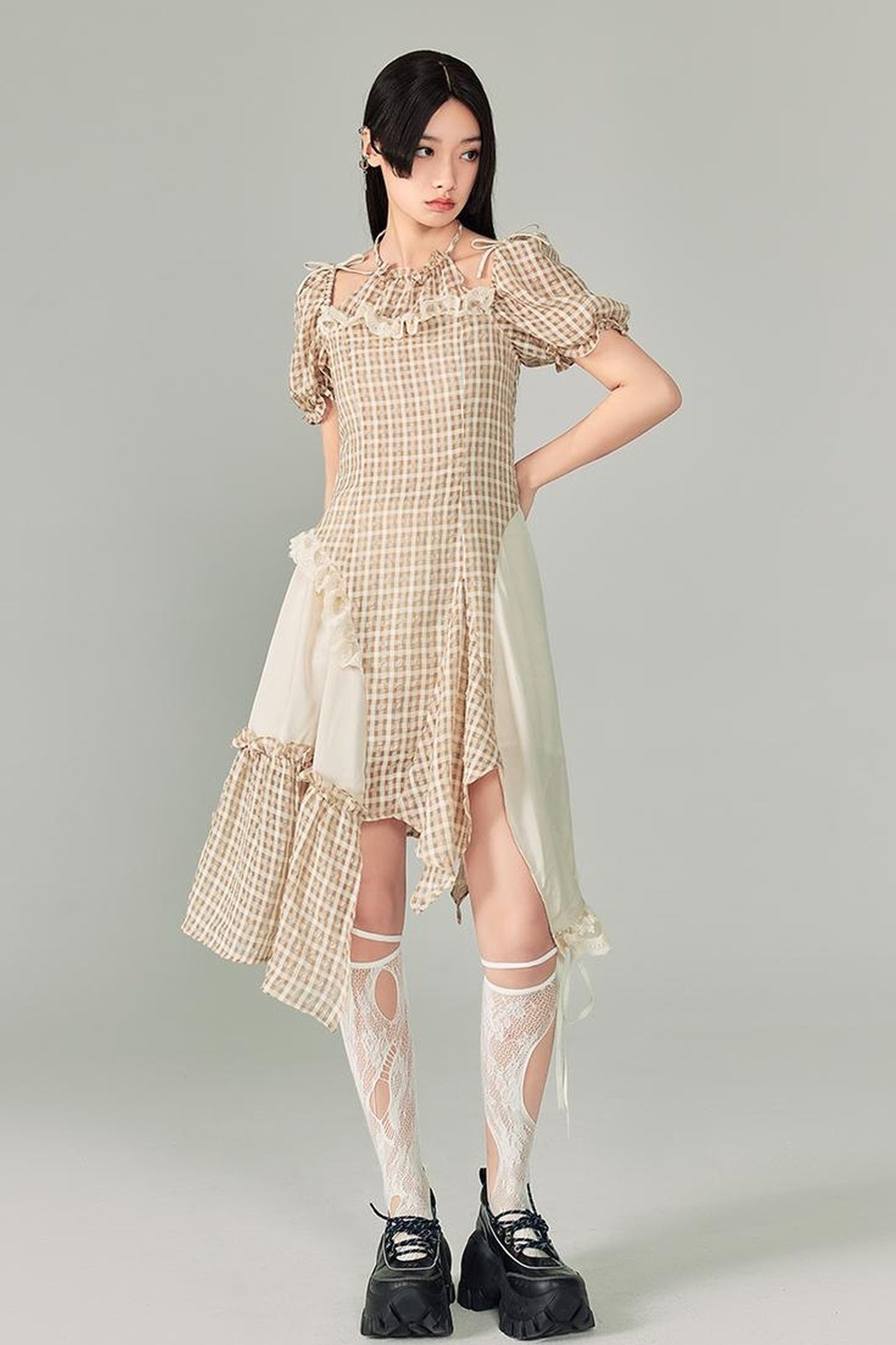 DIDDI MODA Vintage Plaid Halter Dress With Asymmetric Hem Lace Trim