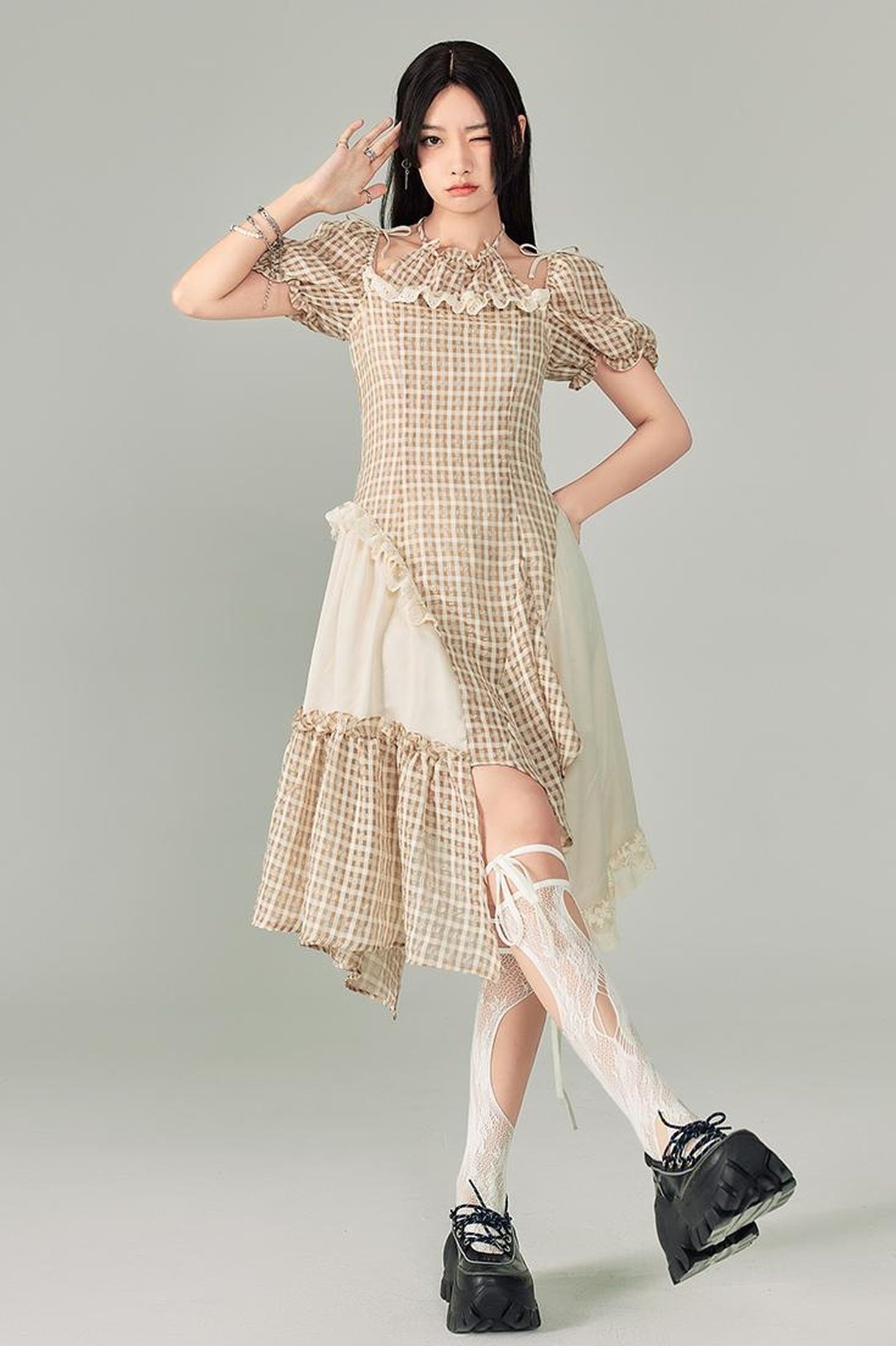 DIDDI MODA Vintage Plaid Halter Dress With Asymmetric Hem Lace Trim