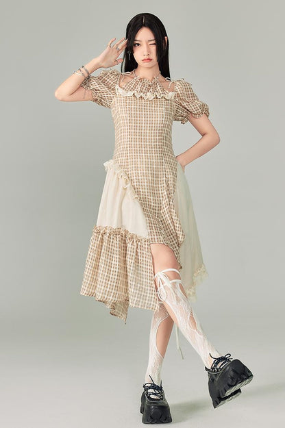 DIDDI MODA Vintage Plaid Halter Dress With Asymmetric Hem Lace Trim