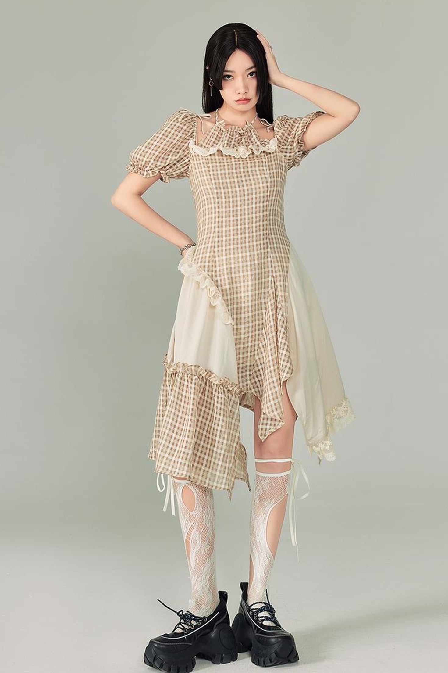 DIDDI MODA Vintage Plaid Halter Dress With Asymmetric Hem Lace Trim