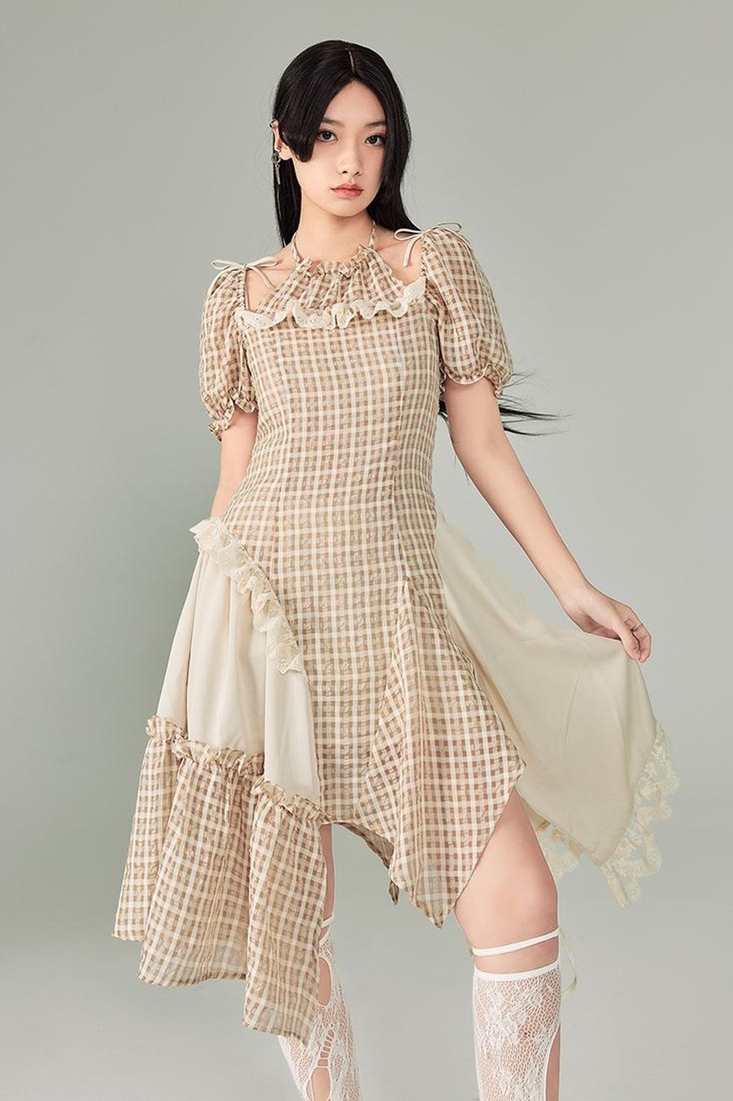 DIDDI MODA Vintage Plaid Halter Dress With Asymmetric Hem Lace Trim
