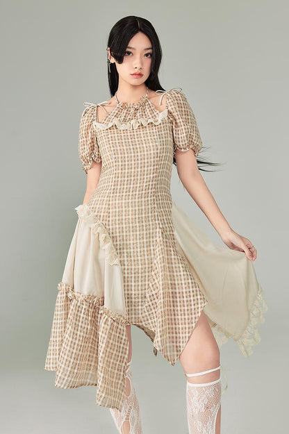 DIDDI MODA Vintage Plaid Halter Dress With Asymmetric Hem Lace Trim