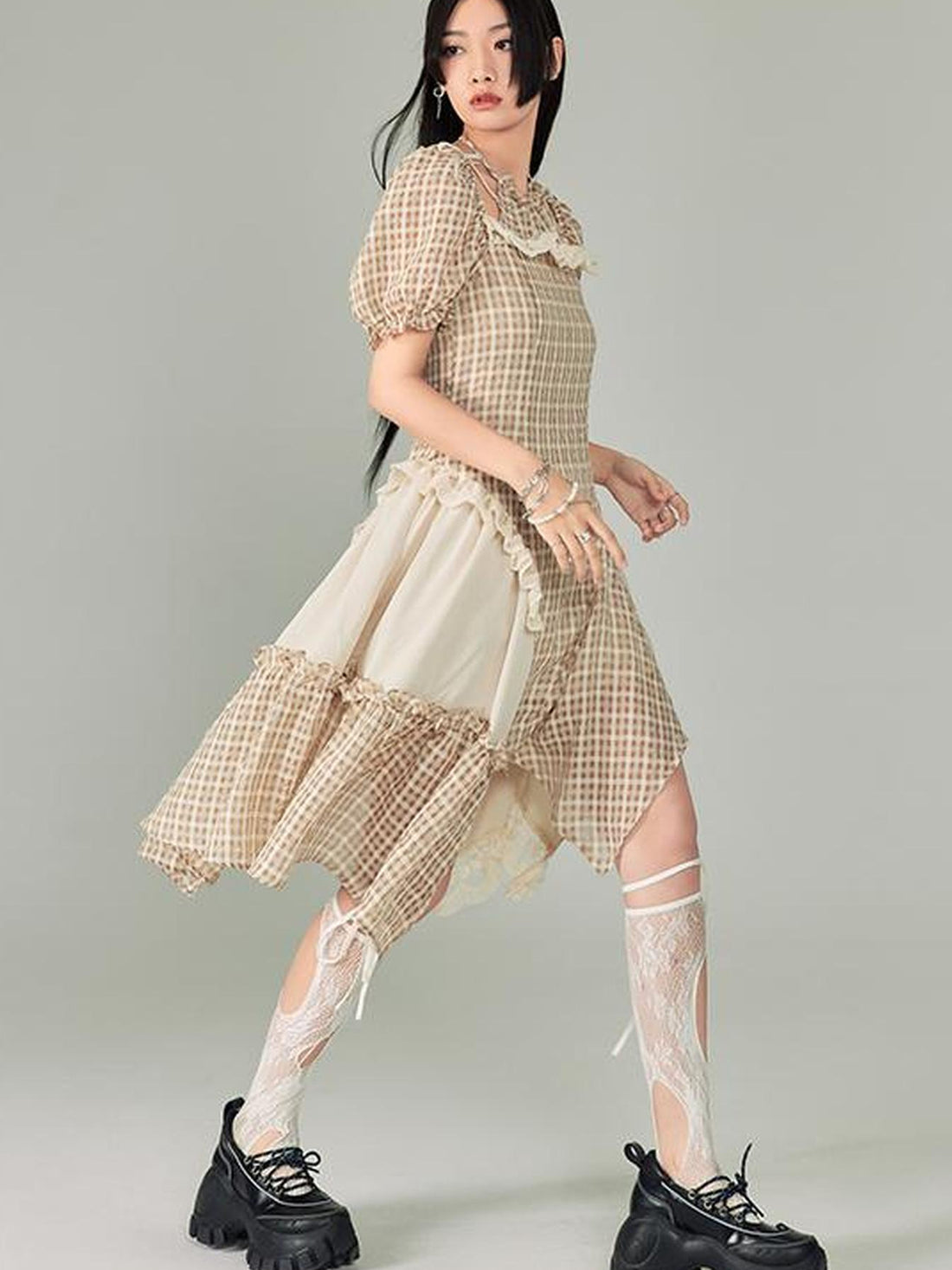 DIDDI MODA Vintage Plaid Halter Dress With Asymmetric Hem Lace Trim