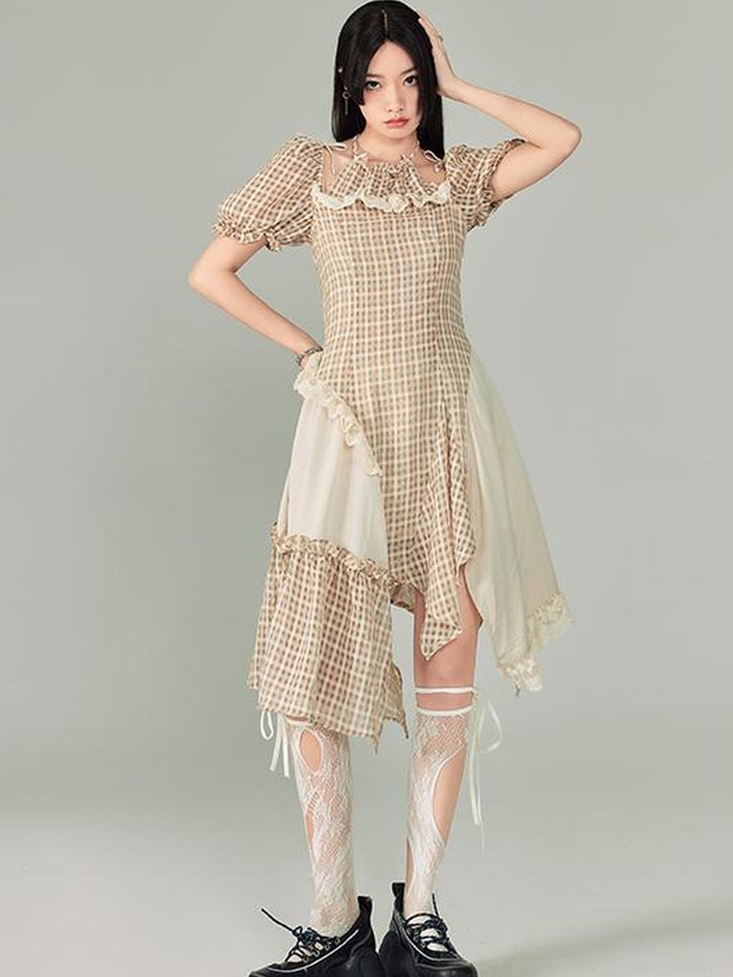 DIDDI MODA Vintage Plaid Halter Dress With Asymmetric Hem Lace Trim