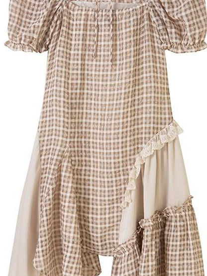 DIDDI MODA Vintage Plaid Halter Dress With Asymmetric Hem Lace Trim
