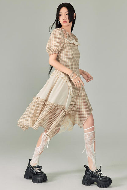 DIDDI MODA Vintage Plaid Halter Dress With Asymmetric Hem Lace Trim
