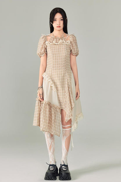 DIDDI MODA Vintage Plaid Halter Dress With Asymmetric Hem Lace Trim