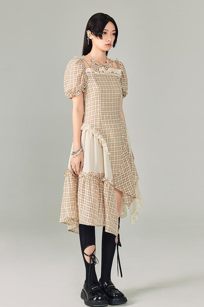 DIDDI MODA Vintage Plaid Halter Dress With Asymmetric Hem Lace Trim