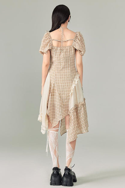 DIDDI MODA Vintage Plaid Halter Dress With Asymmetric Hem Lace Trim