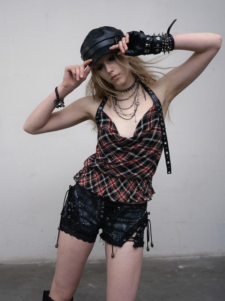 NO ROMANCE Vintage Plaid Mesh Halter Top Slim Fit Blouse