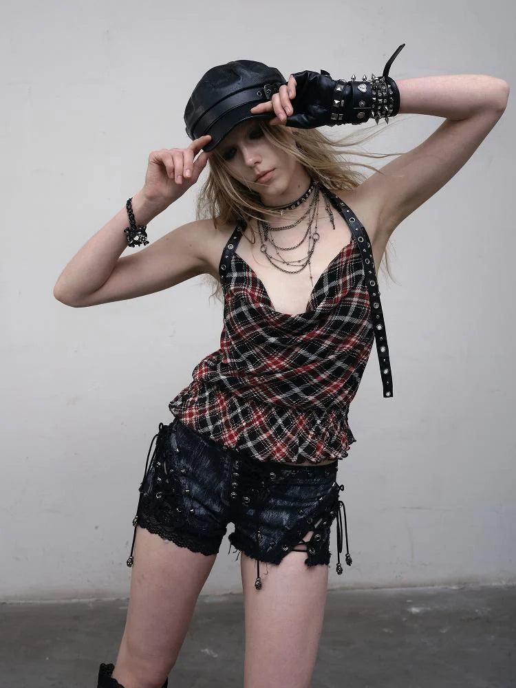 Vintage Plaid Mesh Halter Top Slim Fit Blouse