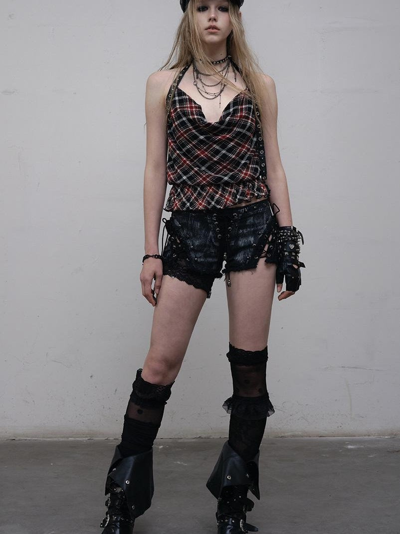 NO ROMANCE Vintage Plaid Mesh Halter Top Slim Fit Blouse
