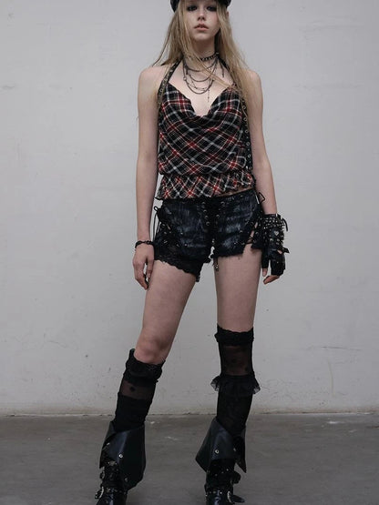 Vintage Plaid Mesh Halter Top Slim Fit Blouse