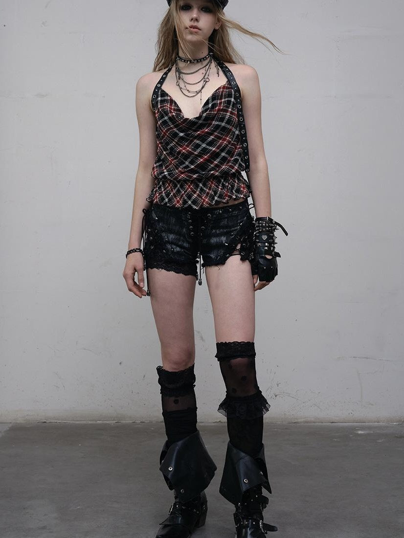NO ROMANCE Vintage Plaid Mesh Halter Top Slim Fit Blouse