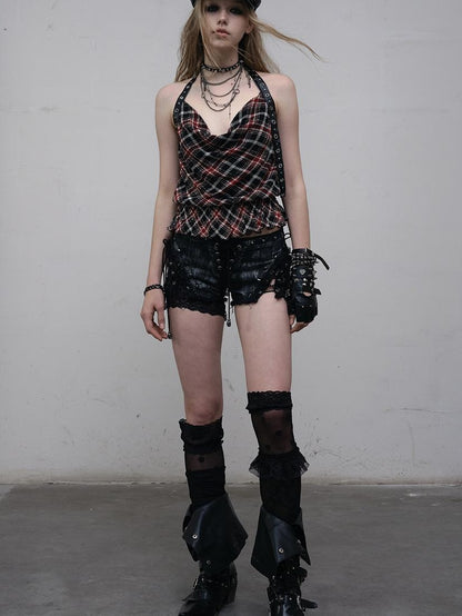 NO ROMANCE Vintage Plaid Mesh Halter Top Slim Fit Blouse