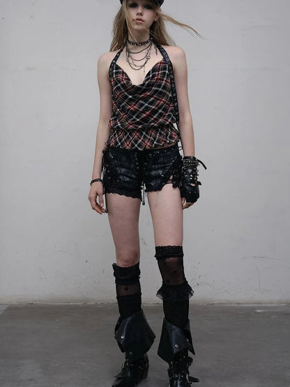 Vintage Plaid Mesh Halter Top Slim Fit Blouse