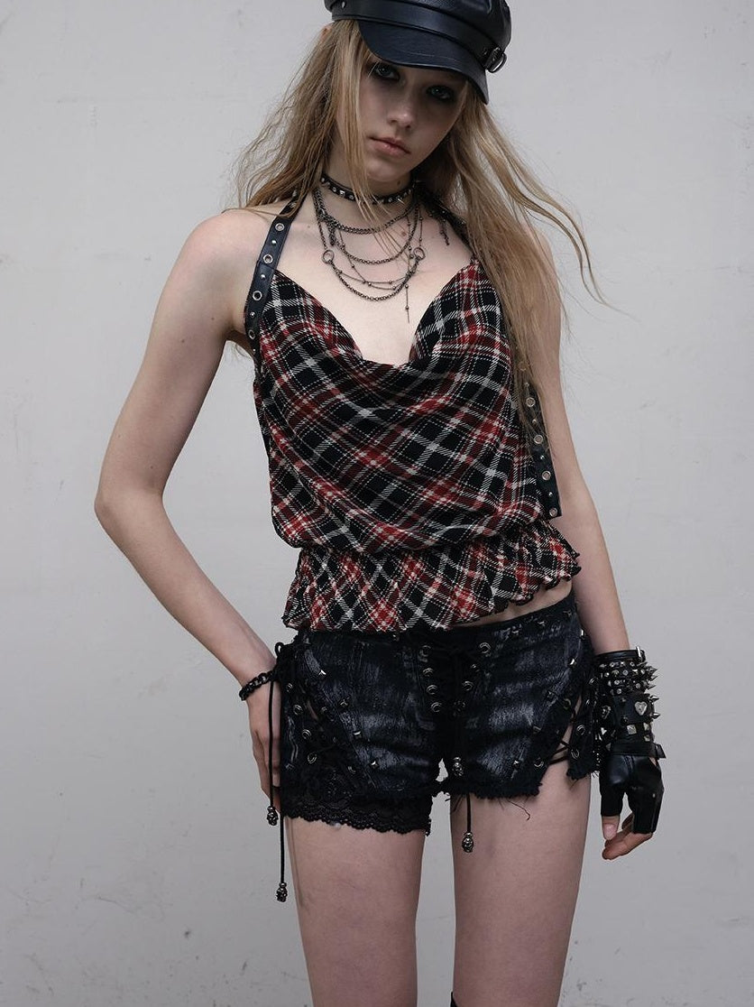 NO ROMANCE Vintage Plaid Mesh Halter Top Slim Fit Blouse