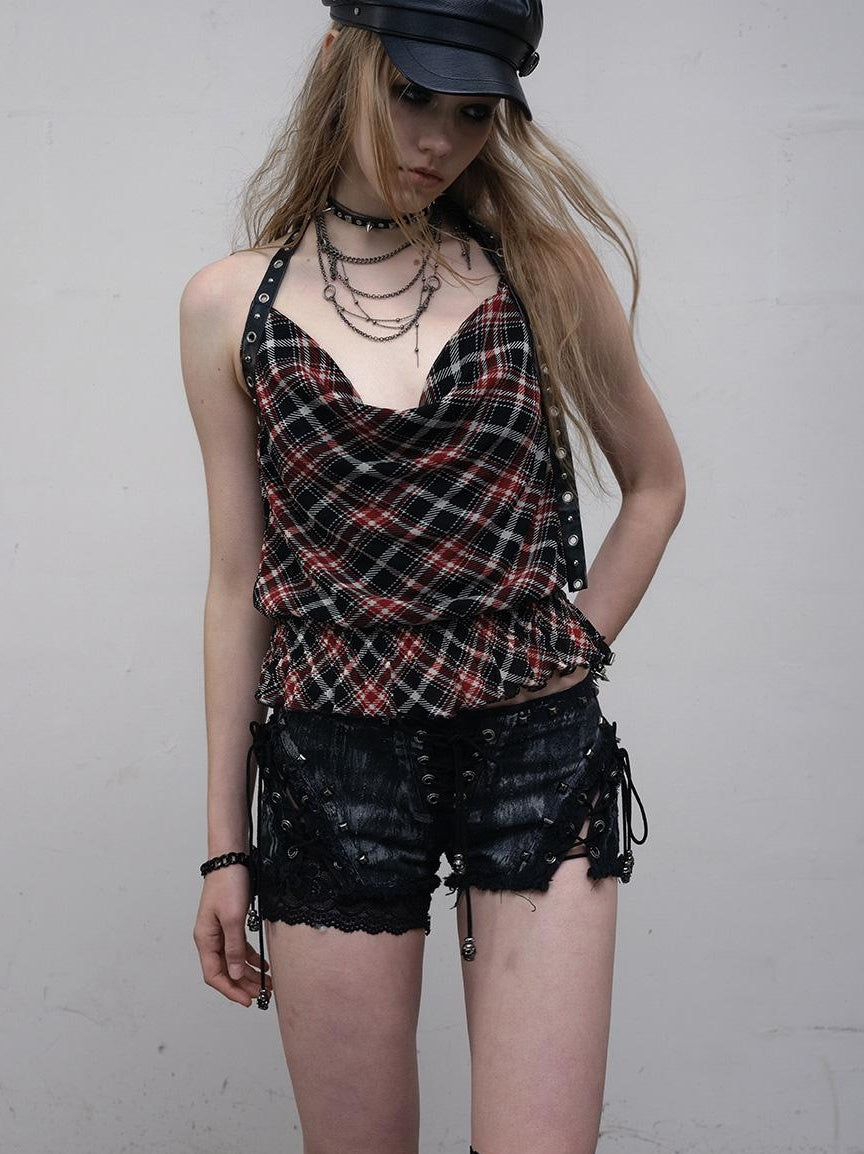 NO ROMANCE Vintage Plaid Mesh Halter Top Slim Fit Blouse