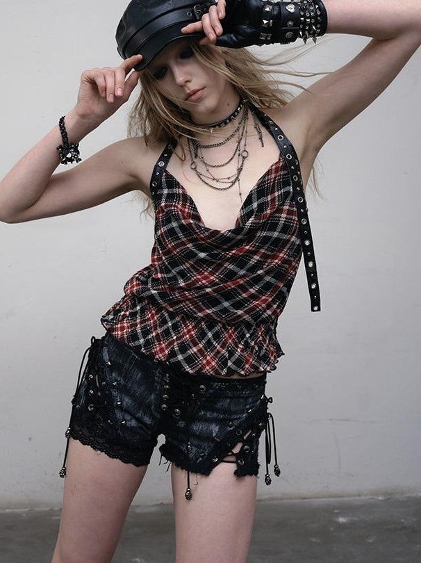 NO ROMANCE Vintage Plaid Mesh Halter Top Slim Fit Blouse