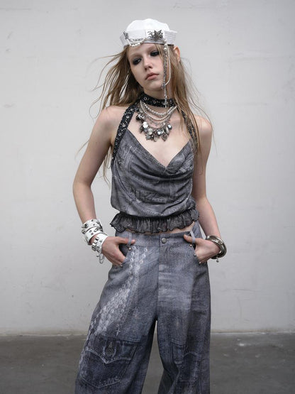 NO ROMANCE Vintage Plaid Mesh Halter Top Slim Fit Blouse