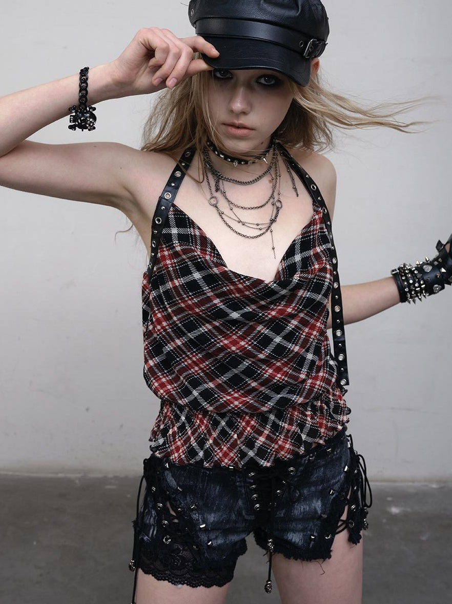 NO ROMANCE Vintage Plaid Mesh Halter Top Slim Fit Blouse