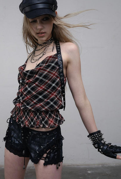 NO ROMANCE Vintage Plaid Mesh Halter Top Slim Fit Blouse