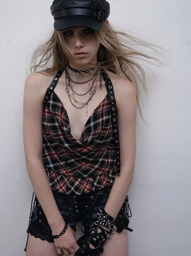 NO ROMANCE Vintage Plaid Mesh Halter Top Slim Fit Blouse