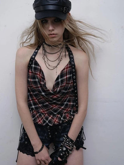 Vintage Plaid Mesh Halter Top Slim Fit Blouse