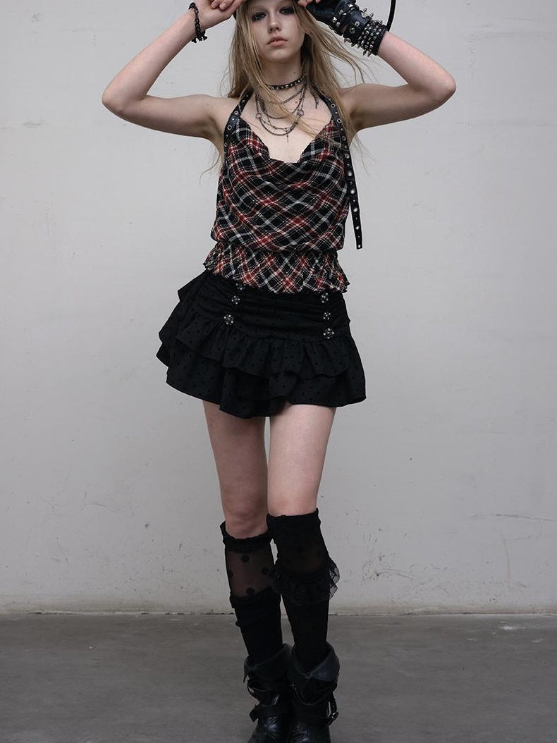NO ROMANCE Vintage Plaid Mesh Halter Top Slim Fit Blouse