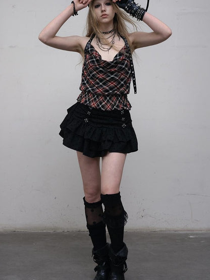 NO ROMANCE Vintage Plaid Mesh Halter Top Slim Fit Blouse