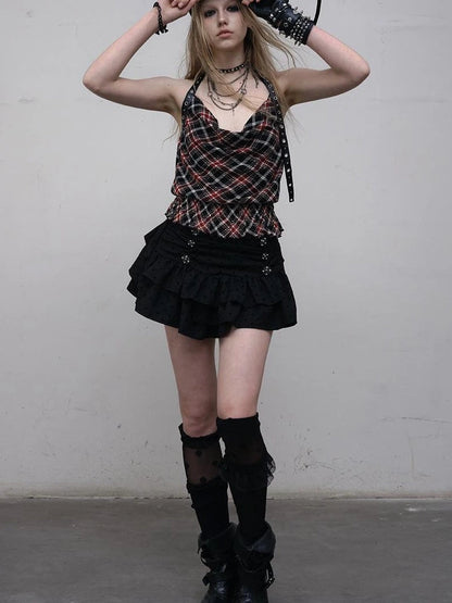 Vintage Plaid Mesh Halter Top Slim Fit Blouse