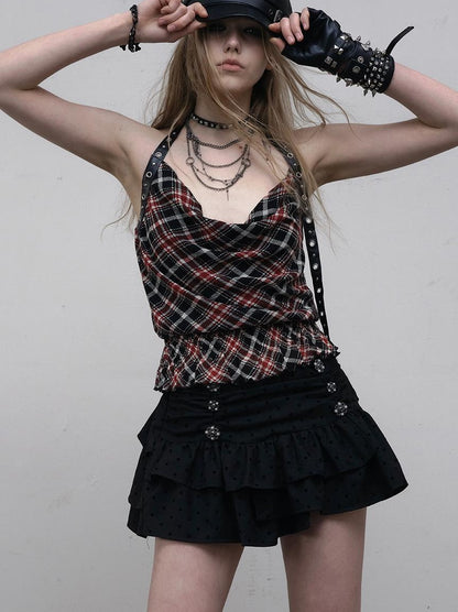 NO ROMANCE Vintage Plaid Mesh Halter Top Slim Fit Blouse