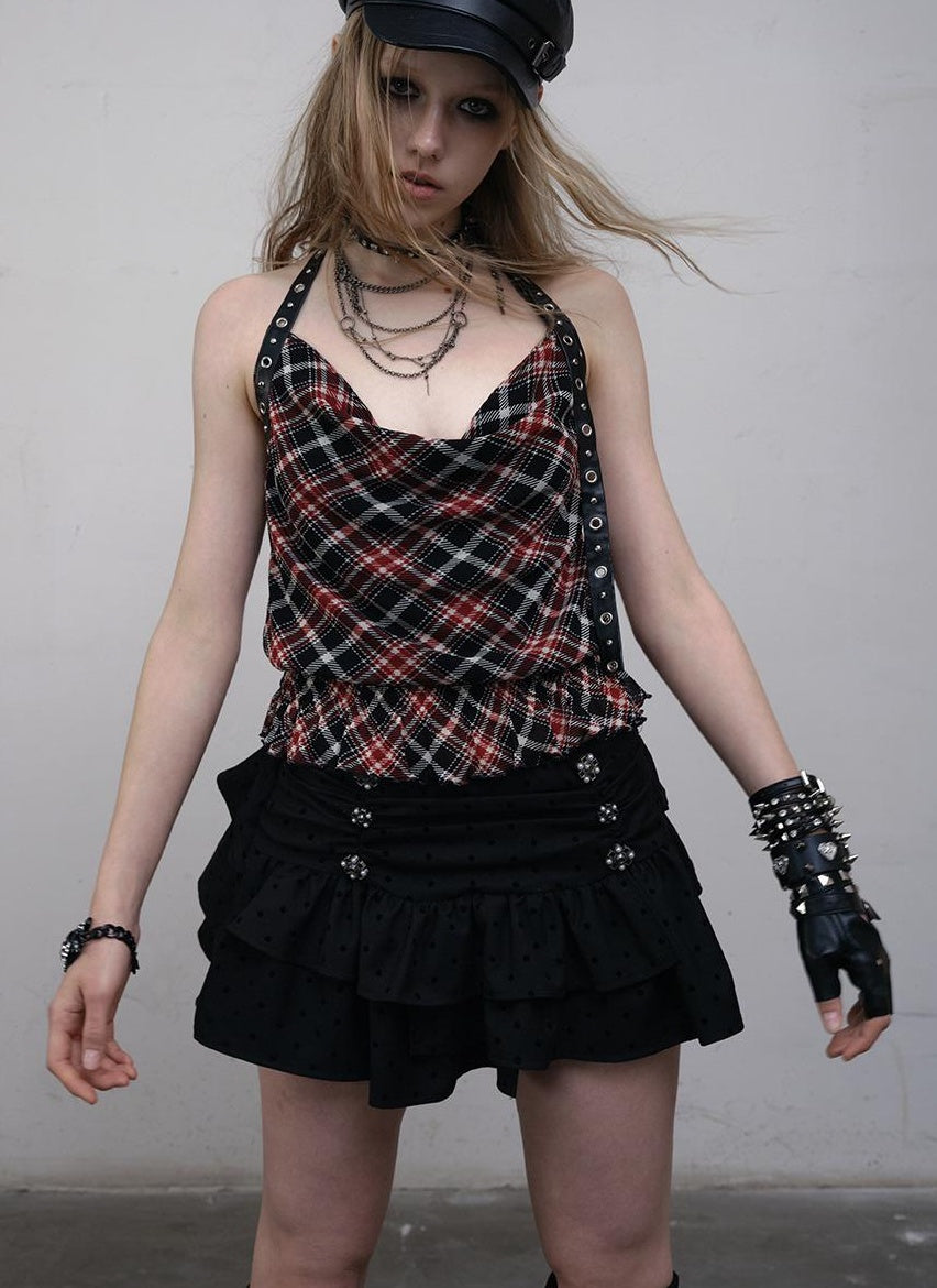 NO ROMANCE Vintage Plaid Mesh Halter Top Slim Fit Blouse