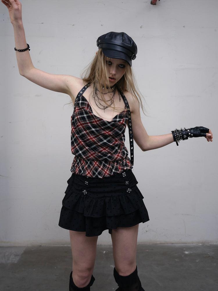 NO ROMANCE Vintage Plaid Mesh Halter Top Slim Fit Blouse