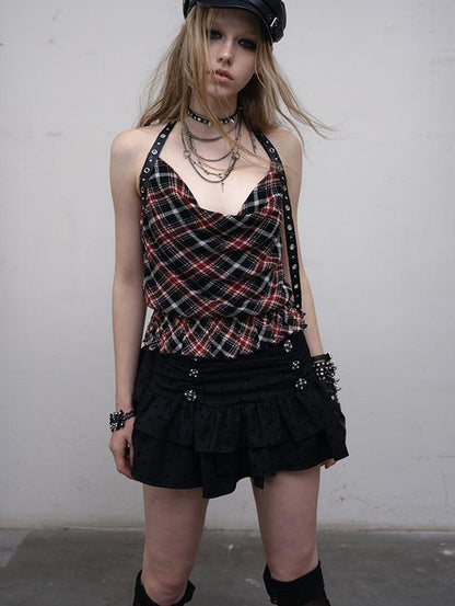 NO ROMANCE Vintage Plaid Mesh Halter Top Slim Fit Blouse